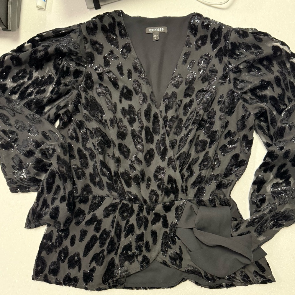 Express Black Leopard Burnout Velvet Wrap Tie Blouse Size M